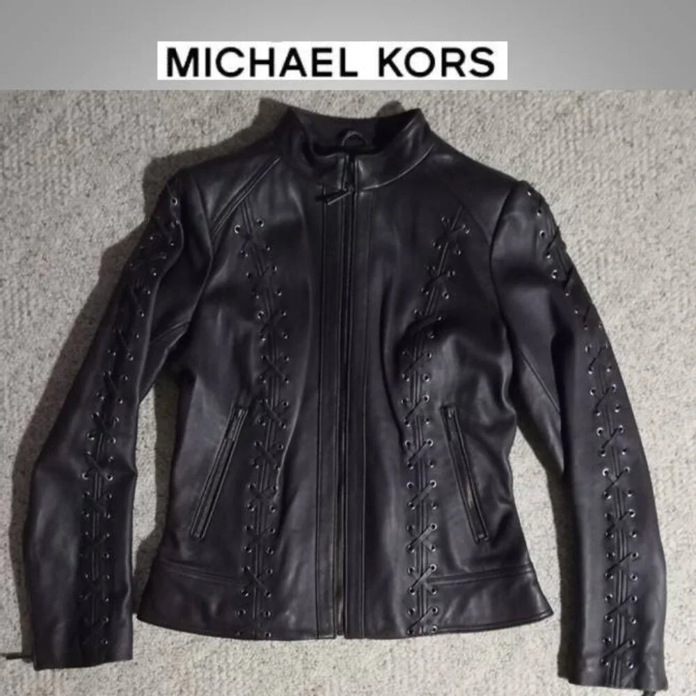 stunning! Michael Kors purple LEATHER jacket Coat size medium moto style